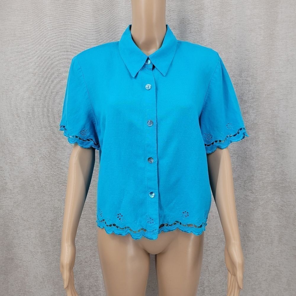 Studio Y2K Blue Button Down Cropped Shirt with Scalloped Edges Eyelet Linen